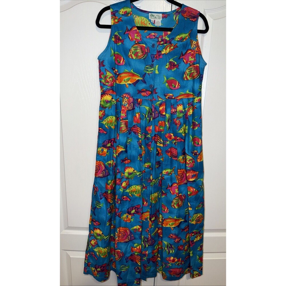 Vtg 80s Dock of the Bay Sundress Tropical Fish Print Cotton Sz M Resort Cruise
